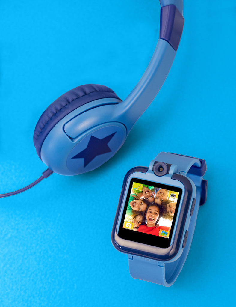 Tikkers interactive smartwatch and over-ear headphone watches presented on a captivating blue background