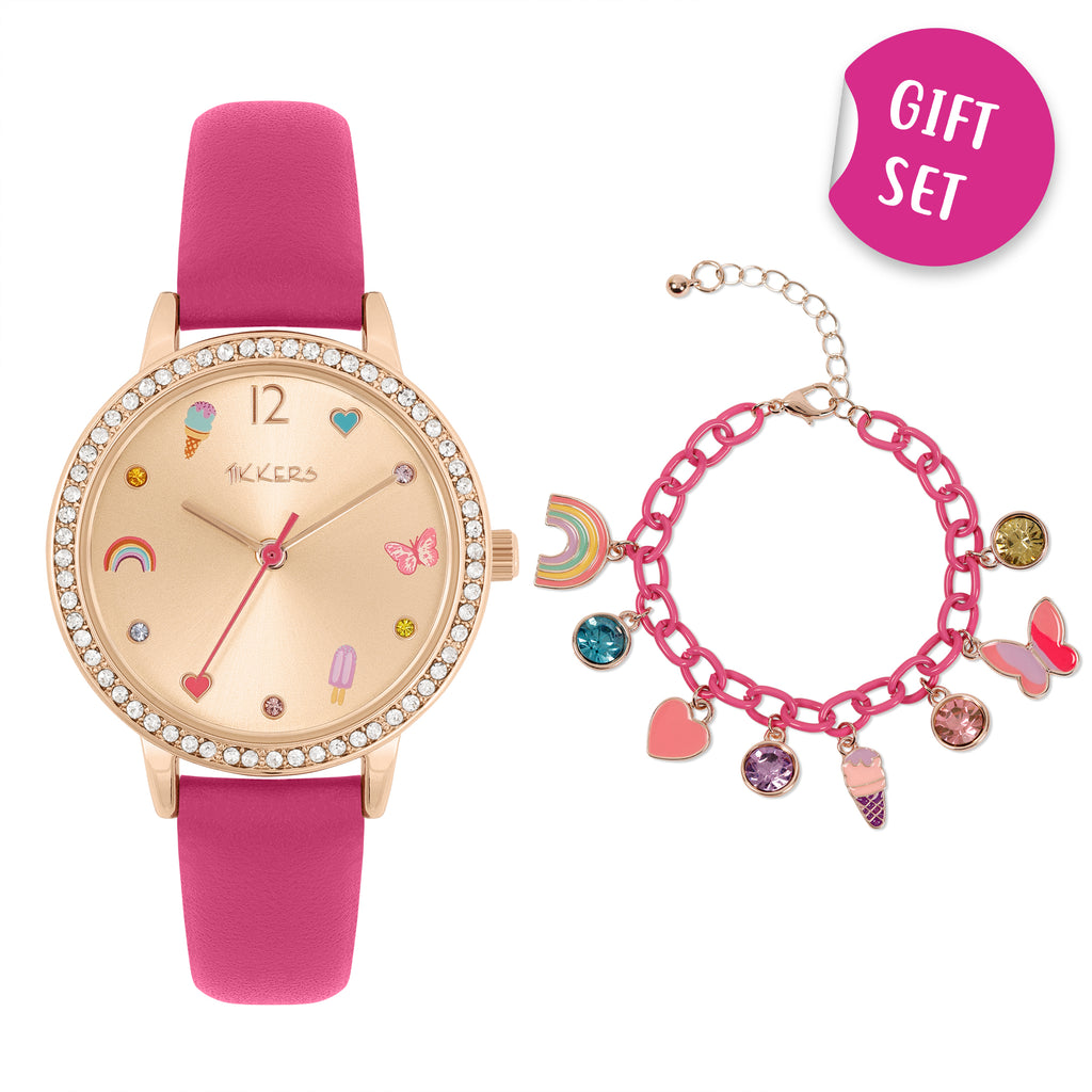 Tikkers Pink Strap Watch and Charm Bracelet Set Watch and Jewellery Set Tikkers   