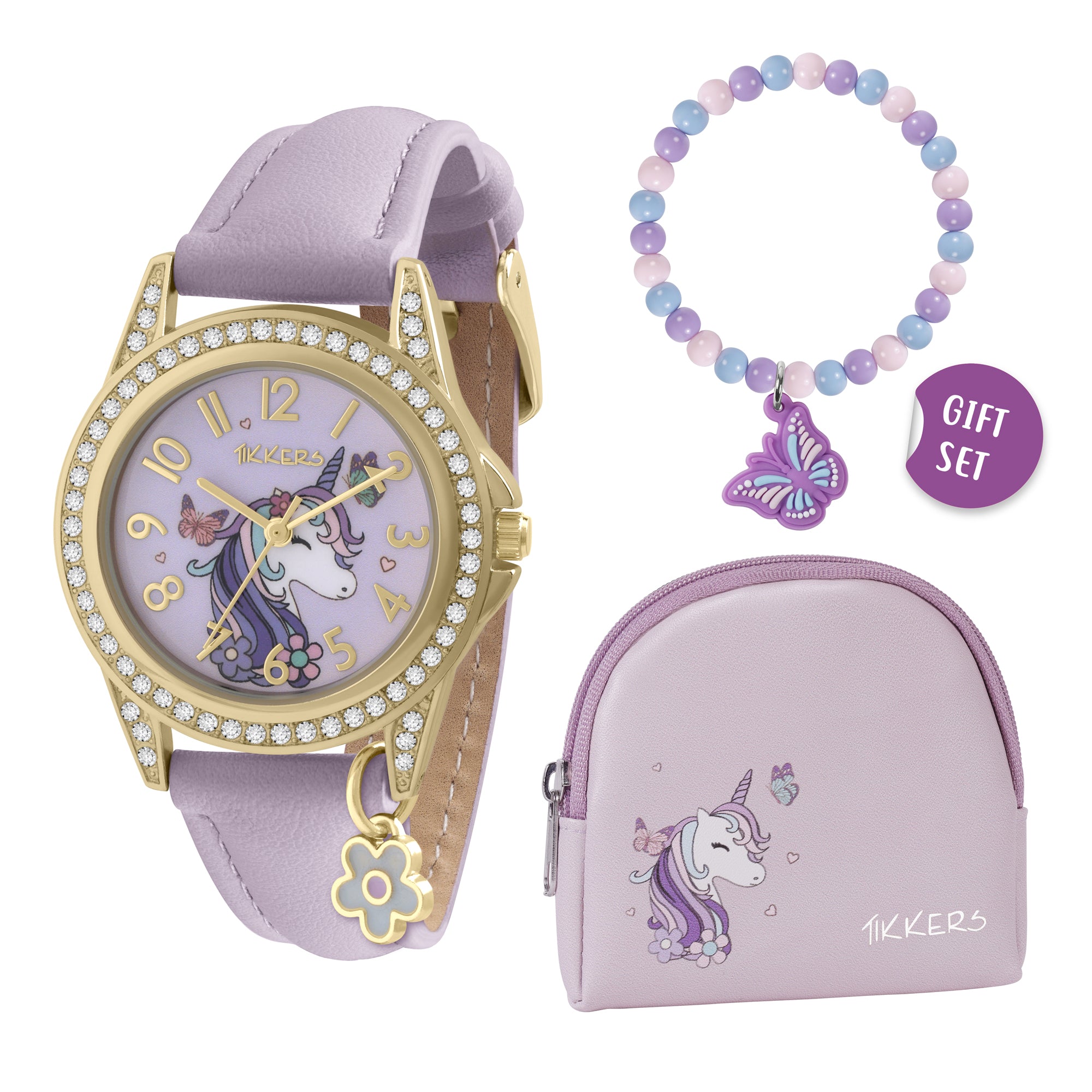 Tikkers Girls Purple Unicorn and Butterfly Watch, Bracelet and Purse G