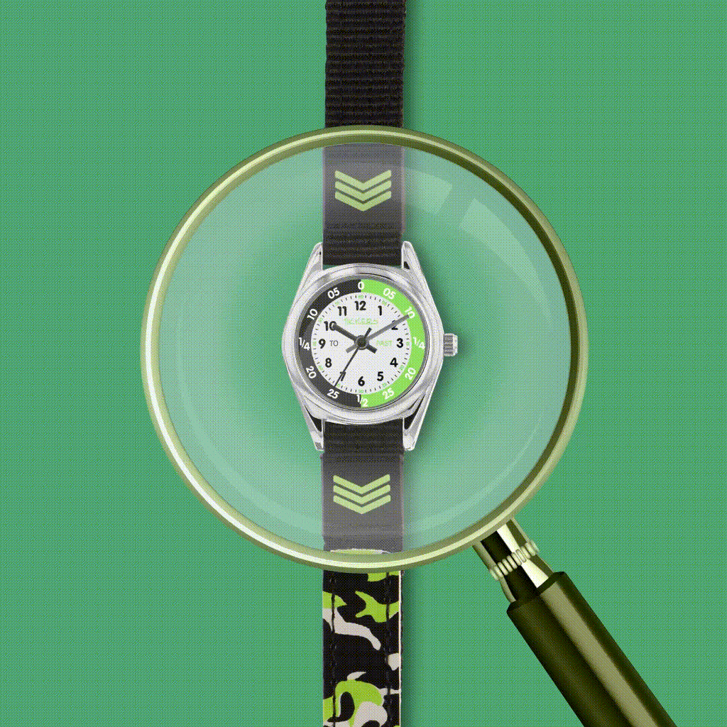 Time teacher watch magnified on a vibrant green background with a captivating magnifying glass animation
