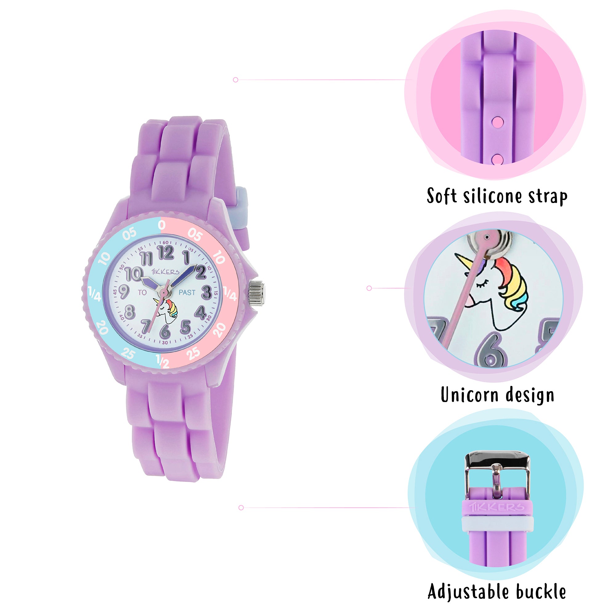 Tikkers Time Teacher Girls Purple Silicone Strap Unicorn
